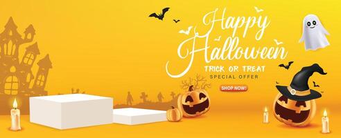 3d Happy Halloween sale orange podium, pumpkin, ghost, candle, and bat on orange poster flyer design background vector