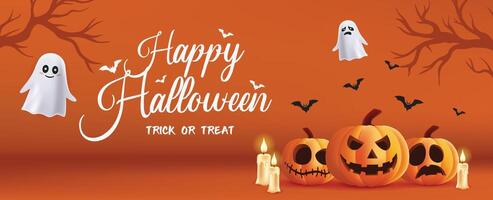 3d Halloween party background design. Happy halloween typography text with ghost and jack o lantern in scary yard for trick or treat night celebration. vector