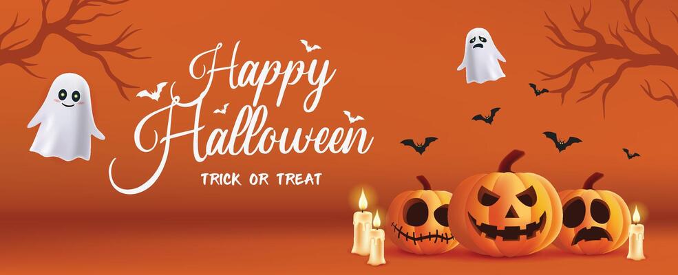 3d Halloween party background design. Happy halloween typography text with ghost and jack o lantern in scary yard for trick or treat night celebration.