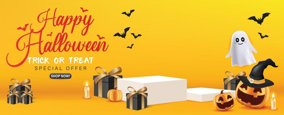Halloween Sale Promotion Poster Pumpkin and Ghost with Product podium scene and gift box. Website spooky, Background or banner Halloween template.