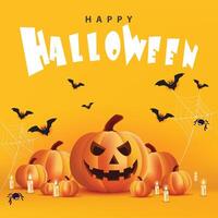 Happy Halloween pumpkin, candle, white ghost and bat on yellow banner design background vector