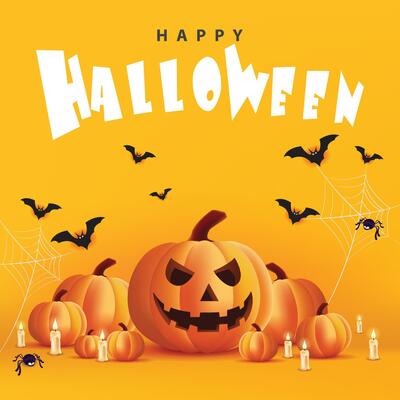 Happy Halloween pumpkin, candle, white ghost and bat on yellow banner design background