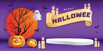 3d Happy Halloween podium, pumpkin, candle, white ghost and bat on violet banner design background vector