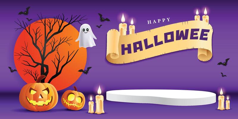 3d Happy Halloween podium, pumpkin, candle, white ghost and bat on violet banner design background