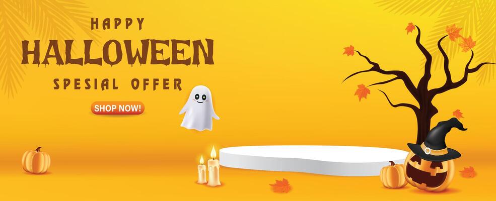 3d Happy Halloween sale podium, pumpkin, ghost, candle, and bat on orange poster flyer design background