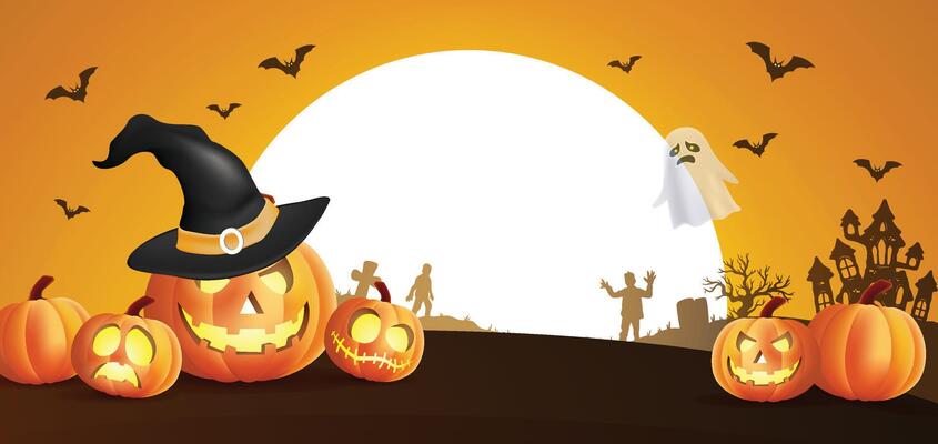 Halloween party background design. Happy halloween typography text with ghost and jack o lantern in scary yard for trick or treat night celebration.