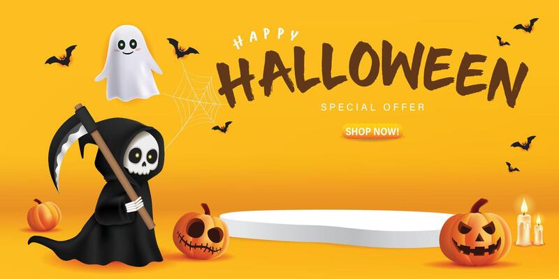 Happy Halloween podium, pumpkin, grim reaper, candle, white ghost and bat on yellow banner design background