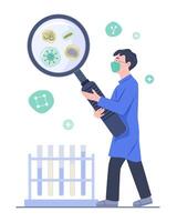 Male Scientist Uses Big Magnifying Glass to Find Bacteria, Virus and Microbe for Virology and Scientific Experiment Concept Illustration vector