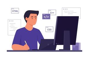 Programmer Man Process Coding on Computer for Software Development Concept Illustration vector