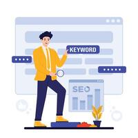 seo optimization, SEO optimization. with magnifying glass in hand. Search engine optimization concept. illustration in flat style vector