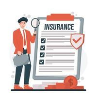 Insurance concept. Man with magnifying glass and document. illustration in flat style vector
