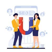 seo optimization, SEO optimization. Businessman and businesswoman with huge magnet attracting money. vector