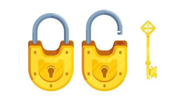 Illustration of a key with open and closed semi-circular yellow lock vector