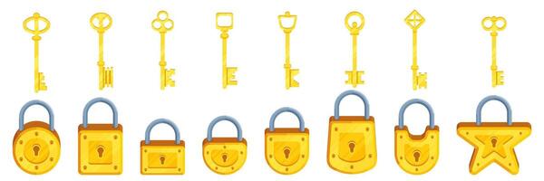 Set of illustrations of locks of different shapes in yellow color along with golden keys vector