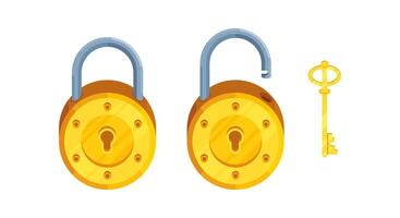 Illustration of detailed round locks with open and closed lock and key vector
