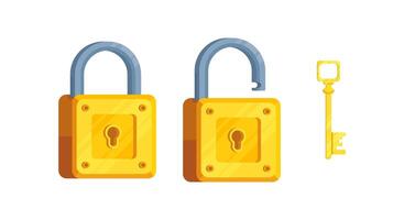 Yellow Illustration of detailed locks with open and closed lock and key vector
