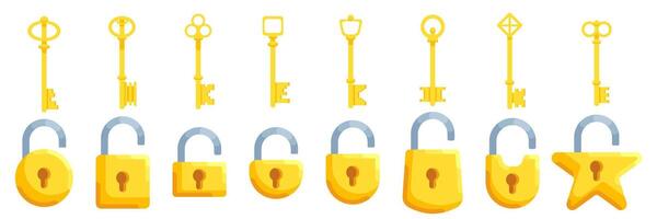 Set of illustrations of simple locks of different shapes in yellow color along with keys vector