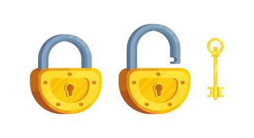 Simple gold Illustration of a key with open and closed semi-circular lock vector