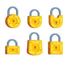 Set of illustrations of yellow locks of different shapes in yellow color in modern detailed style vector
