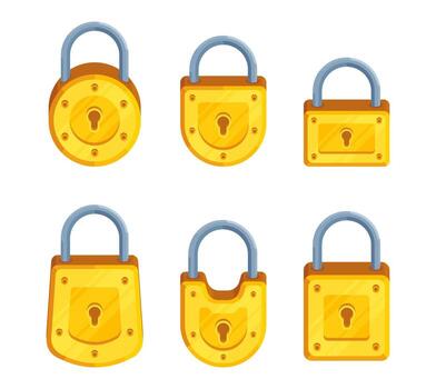 Collection of illustrations of castles of different shapes in yellow color in modern detailed style vector