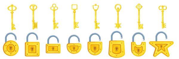 Collection of illustrations of detailed locks of different shapes in yellow color along with keys vector