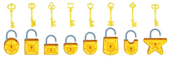 Collection of illustrations of isometric locks of different shapes in yellow color along with keys vector
