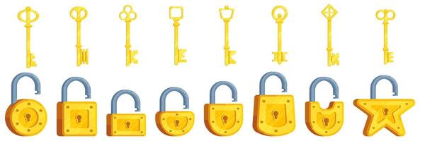 Set of illustrations of isometric locks of different shapes in yellow color along with keys vector