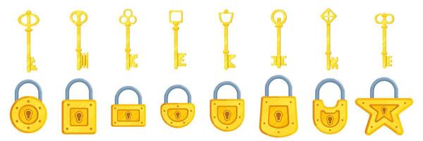 Set of illustrations of locks of different shapes in yellow color along with keys vector
