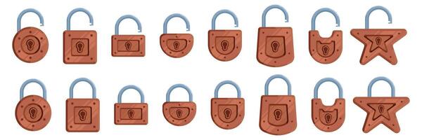 Set of illustrations of bronze locks of different shapes in brown color in modern detailed style vector