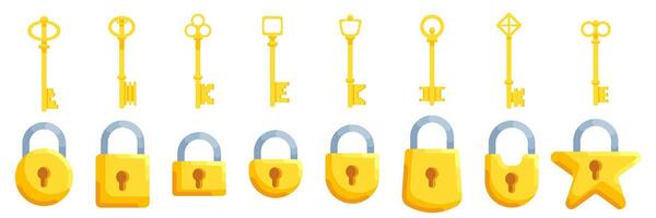 Set of illustrations of yellow locks of different shapes in yellow color along with keys vector