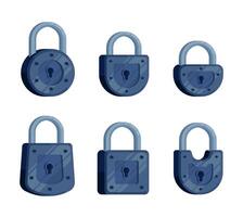 A set of illustrations of locks of different shapes in dark blue in a modern detailed style vector