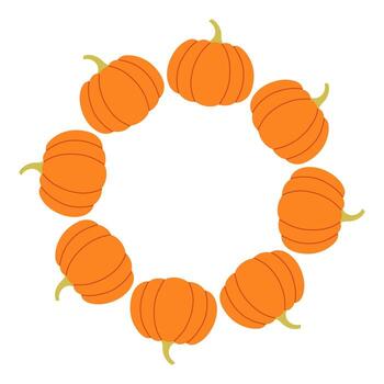 Orange simple pumpkin circle frame. Round border made of fall pumpkins. The pumpkins have different shapes and are arranged in a circle. flat isolated on white background. vector