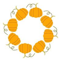 Yellow simple pumpkin circle frame. Round border made of fall pumpkins. The pumpkins have different shapes and are arranged in a circle. flat isolated on white background. vector