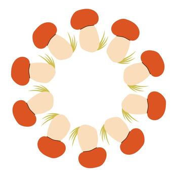 Red head mushroom circle frame. Round border made of fall mushrooms. The mushrooms have different shapes and are arranged in a circle. flat isolated on white background. vector