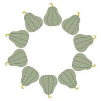 Pumpkin circle frame. Round border made of fall pumpkins. The pumpkins have different shapes and are arranged in a circle. flat isolated on white background. vector