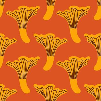 Orange mushrooms seamless pattern. Autumn isolated mushrooms on red background. Square repeat pattern flat design for fall season. vector