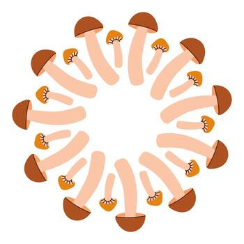 Fall mushroom circle frame. Round border made of fall mushrooms. The mushrooms have different shapes and are arranged in a circle. flat isolated on white background. vector