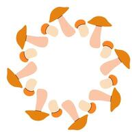 Orange head mushroom circle frame. Round border made of fall mushrooms. The mushrooms have different shapes and are arranged in a circle. flat isolated on white background. vector
