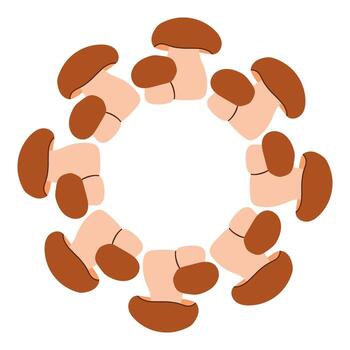 Autumn mushrooms circle frame. Round border made of fall mushrooms. The mushrooms have different shapes and are arranged in a circle. flat isolated on white background. vector
