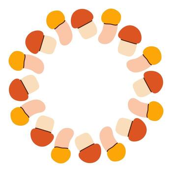 Small mushroom circle frame. Round border made of fall mushrooms. The mushrooms have different shapes and are arranged in a circle. flat isolated on white background. vector