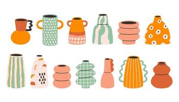 Dopamine different vase set. Collection of various geometric vases. Different types of ceramic pottery set in cartoon groovy funky style. Spring, summer elements stickers bundle vector