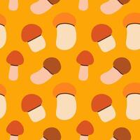 Different mushrooms seamless pattern. Autumn isolated mushrooms on yellow background. Square repeat pattern flat design for fall season. vector