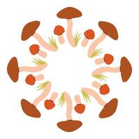 Different mushrooms circle frame. Round border made of fall mushrooms. The mushrooms have different shapes and are arranged in a circle. flat isolated on white background. vector