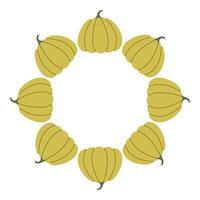 Green pumpkins circle frame. Round border made of fall pumpkins. The pumpkins have different shapes and are arranged in a circle. flat isolated on white background. vector