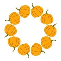 Yellow pumpkin circle frame. Round border made of fall pumpkins. The pumpkins have different shapes and are arranged in a circle. flat isolated on white background. vector