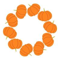 Orange pumpkins circle frame. Round border made of fall pumpkins. The pumpkins have different shapes and are arranged in a circle. flat isolated on white background. vector