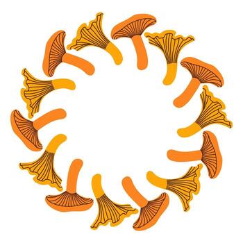 Chanterelle mushroom circle frame. Round border made of fall mushrooms. The mushrooms have different shapes and are arranged in a circle. flat isolated on white background. vector
