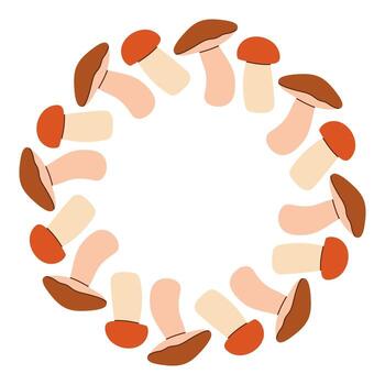 Different mushroom circle frame. Round border made of fall mushrooms. The mushrooms have different shapes and are arranged in a circle. flat isolated on white background. vector