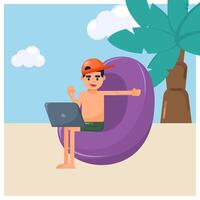 Digital nomad man working in the beach vector