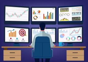 Data analyst at multiple screens vector